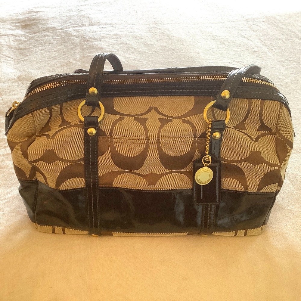 Coach Signature Collection woven jacquard fabric, brown leather handbag